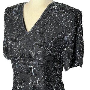 Vintage Stenay Black Beaded Silk Top Womens Small Sequin Formal Blouse Cocktail